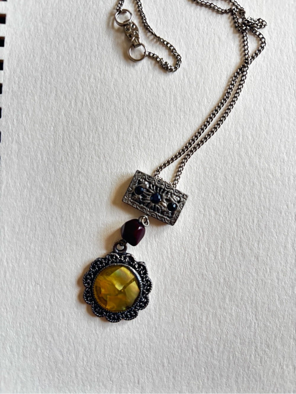 Vintage Yellow Glass Pendant Necklace with Silver-Tone Filigree
